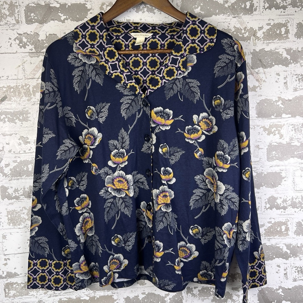 Vera Bradley Shirt PJ Womens SIze M Floral Button Front Navy Purple Collared NWT
